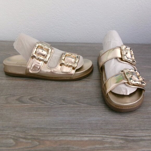 Near New Schutz Enola Metallic Gold Slip On Sporty Flat Sandals Flats - Picture 1 of 13